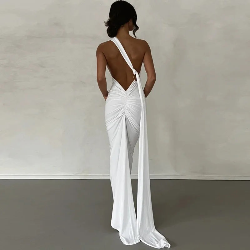 One-Shoulder Ruched Backless Maxi Dress