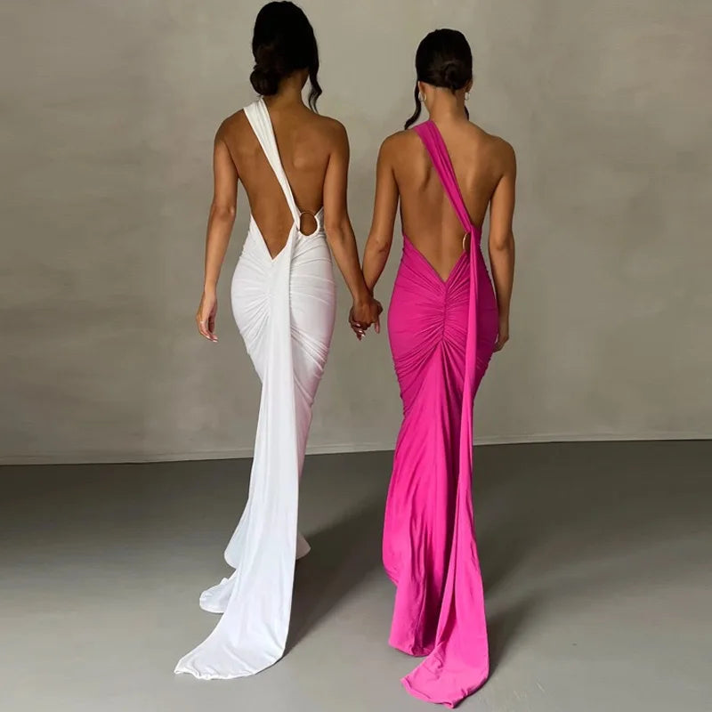 One-Shoulder Ruched Backless Maxi Dress