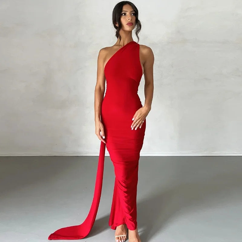 One-Shoulder Ruched Backless Maxi Dress