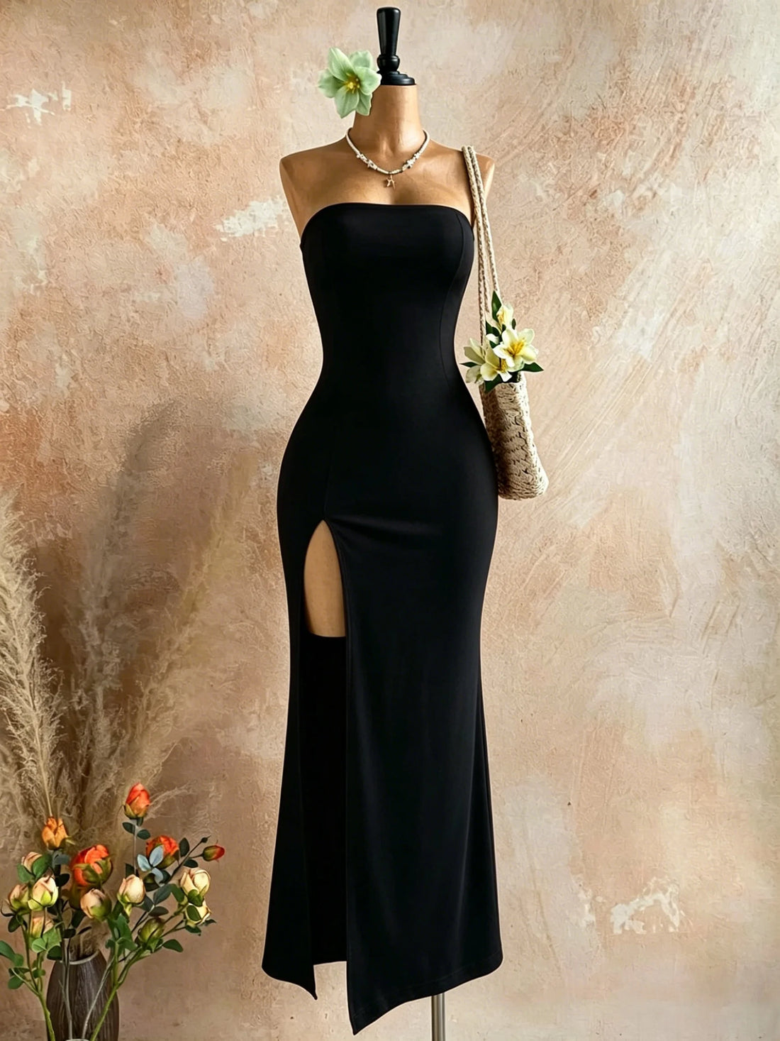 Strapless Tube Side-Slit Bodycon Midi Dress