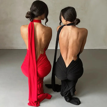 One-Shoulder Ruched Backless Maxi Dress