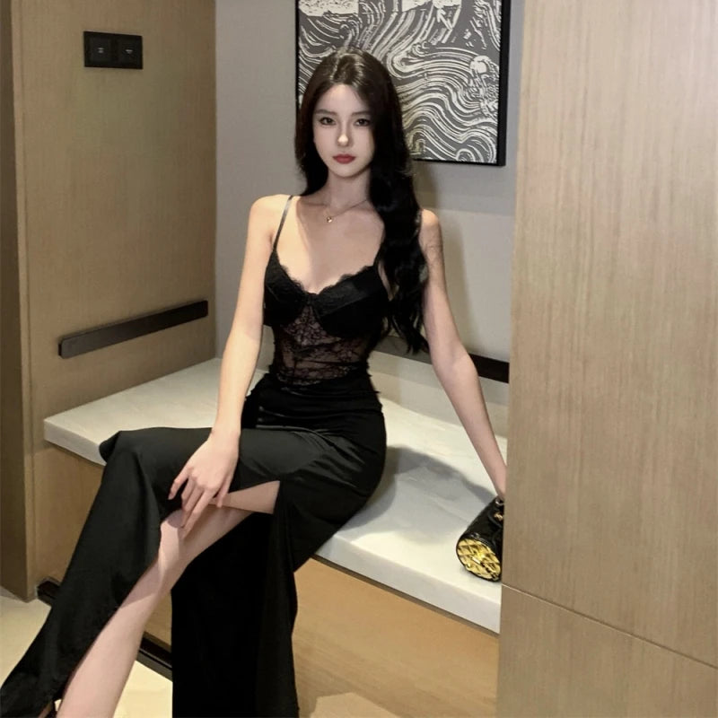 David S Carson Black Lace Slip Dress | Midnight Slit