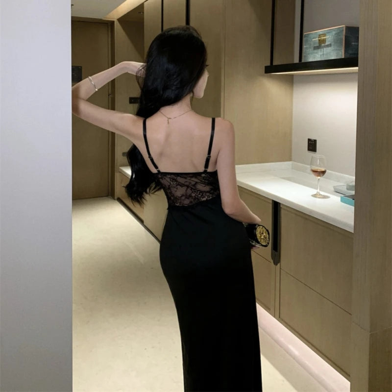 David S Carson Black Lace Slip Dress | Midnight Slit
